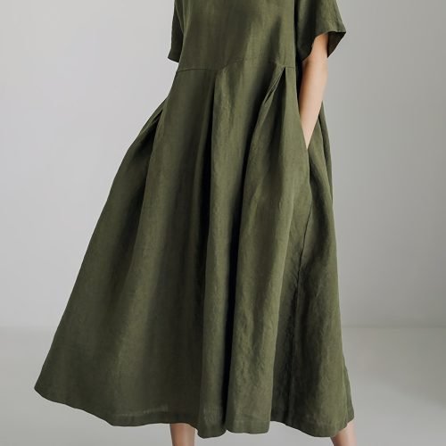 Solid Color Crew Neck Loose Dress, Elegant Short Sleeve Simple Dress For Spring & Summer, Women's Clothing