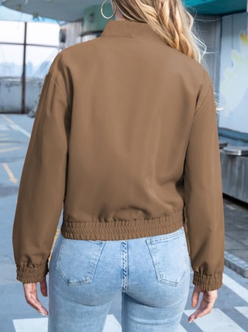 Solid Button Front Bomber Jacket, Casual Long Sleeve Outerwear With Pockets, Women's Clothing