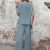 Button Decor Casual Pants Set, Short Sleeve Top & Split Hem Pants Outfits For Spring & Summer, Women's Clothing