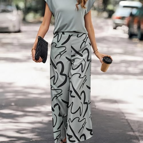 Striped Print Casual Pantsuits, Solid Crew Neck Short Sleeve T-shirt & Wide Leg Pants Outfits For Spring & Summer, Women's Clothing