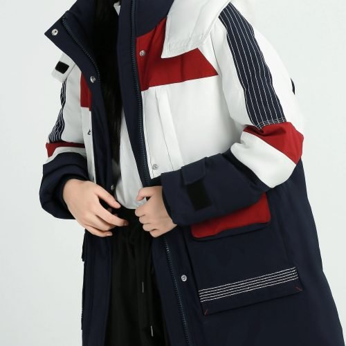 Color Block Hooded Down Jacket, Casual Stand Collar Long Sleeve Winter Warm Outerwear, Women's Clothing