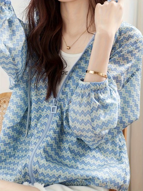 89292c5a-8bfe-4575-8610-c3e71288bee0-1 Allover Print Zipper Front Jacket, Casual Long Sleeve Drawstring Hooded Outwear For Spring & Fall, Women's Clothing