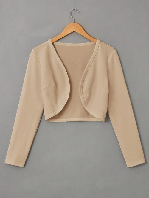 Solid Color Open Front Crop Jacket, Versatile Long Sleeve Outwear For Spring & Fall, Women's Clothing