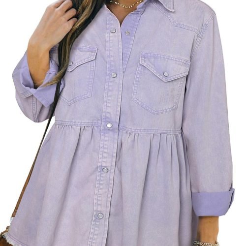 Women's Casual Long Sleeve Denim Button Down Shirt, Ruffled-Hem Denim Jacket