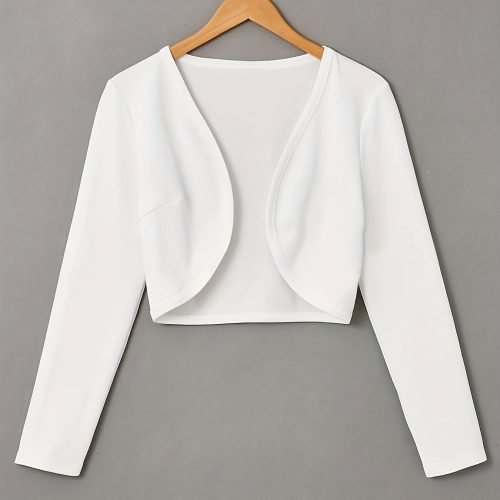 Solid Color Open Front Crop Jacket, Versatile Long Sleeve Outwear For Spring & Fall, Women's Clothing