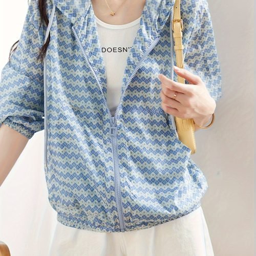 Allover Print Zipper Front Jacket, Casual Long Sleeve Drawstring Hooded Outwear For Spring & Fall, Women's Clothing