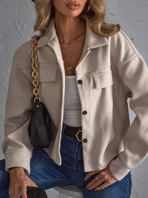 Button Front Drop Shoulder Jacket, Casual Long Sleeve Jacket, Women's Clothing