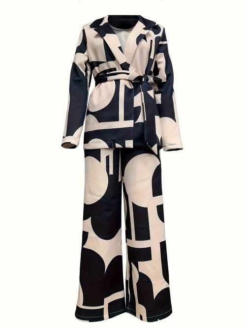 Business Casual Geo Print Two-piece Set, Notched Collar Tie-waist Blazer & Wide Leg Pants Outfits, Women's Clothing