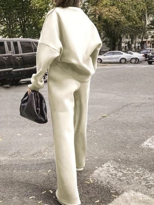 Elegant Pintuck Solid Color Set, Drop Shoulder Long Sleeve Sweatshirt & Straight Leg Pants, Women's Clothing