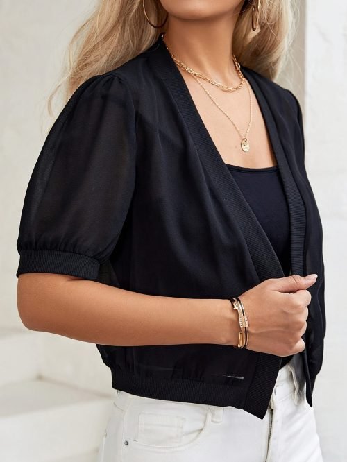 Solid Color Open Front Jacket, Elegant Short Sleeve Jacket For Spring & Fall, Women's Clothing