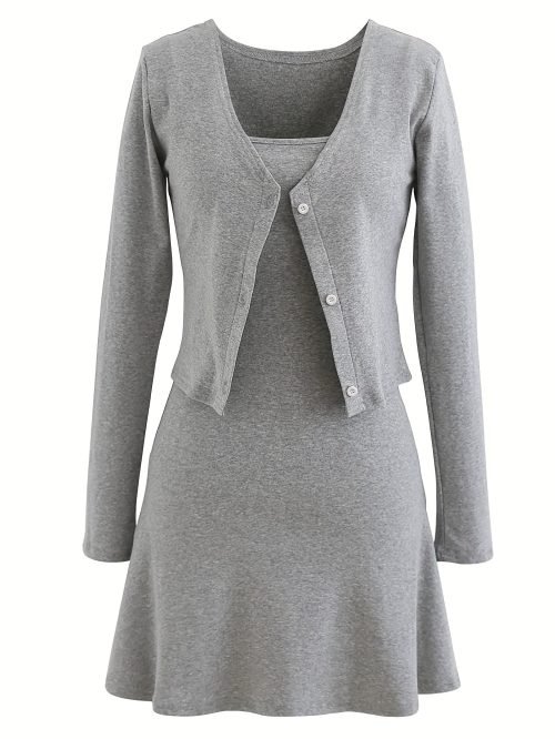 Elegant Solid Two-piece Set, Single Button Outwear & Slim Simple Dress Outfits, Women's Clothing