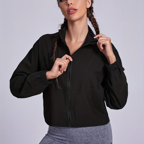 Solid Zipper Front Crop Jacket, Versatile Long Sleeve Jacket For Spring & Fall, Women's Clothing