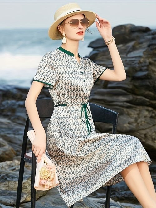 Allover Print Drawstring Waist Dress, Elegant Short Sleeve Contrast Trim Button Front Dress For Spring & Summer, Women's Clothing