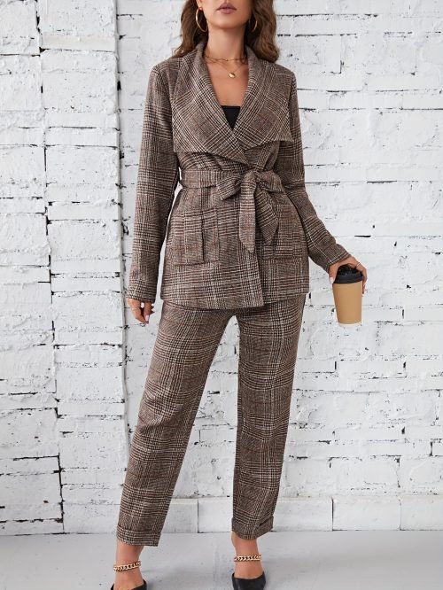 Plaid Pattern Elegant Two-piece Set, Long Sleeve Open Front Tops & Wide Leg Pants Outfits, Women's Clothing