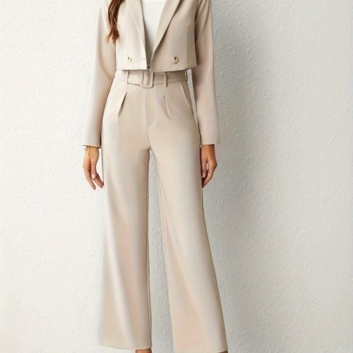 Business Casual Two-piece Set, Double-breasted Lapel Long Sleeve Blazer & Belted Wide Leg Pants Outfits, Women's Clothing