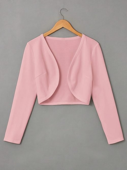 Solid Color Open Front Crop Jacket, Versatile Long Sleeve Outwear For Spring & Fall, Women's Clothing