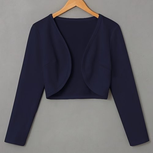 Solid Color Open Front Crop Jacket, Versatile Long Sleeve Outwear For Spring & Fall, Women's Clothing