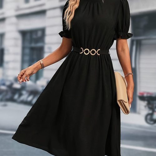 Chain Belted Puff Sleeve Dress, Elegant Summer Mock Neck Knee Length Dress For Spring & Summer, Women's Clothing