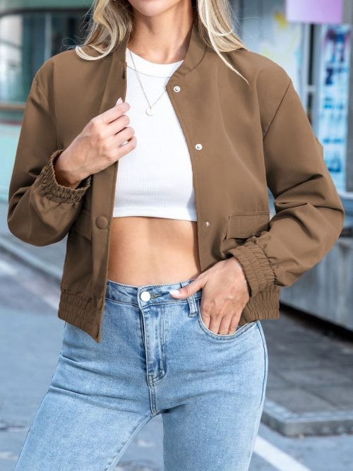 Solid Button Front Bomber Jacket, Casual Long Sleeve Outerwear With Pockets, Women's Clothing