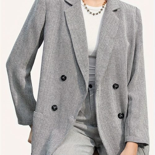 Double Breasted Lapel Pockets Blazer, Elegant Long Sleeve Outwear For Office & Work, Women's Clothing
