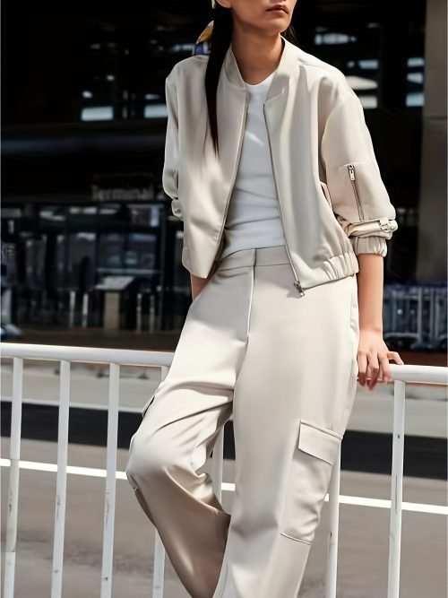 Solid Color Zipper Front Slim Coat, Casual Long Sleeve Coat For Spring & Fall, Women's Clothing
