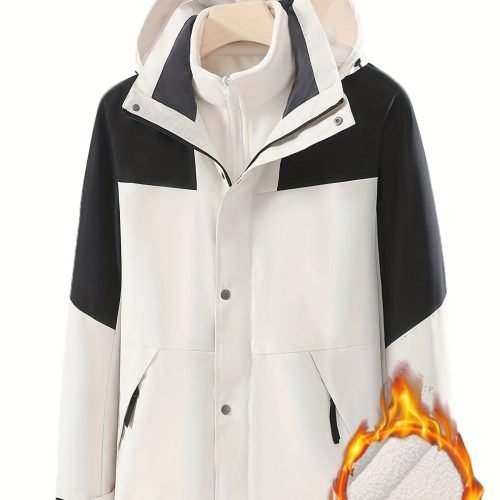 3-in-1 Color Block Warm Punch Jacket, Casual Waterproof Windproof Jacket, Removable Liner Hooded Ski Coat, Women's Outdoor Clothing