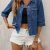 Women's Plus Size Half-Sleeve Denim Jacket With Flap Pockets And Frayed Hem, Elegant Casual Style, Versatile Summer Top In Blue