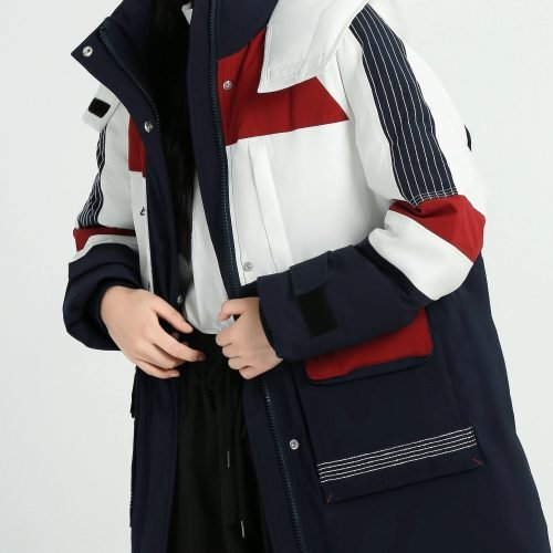 Color Block Hooded Down Jacket, Casual Stand Collar Long Sleeve Winter Warm Outerwear, Women's Clothing