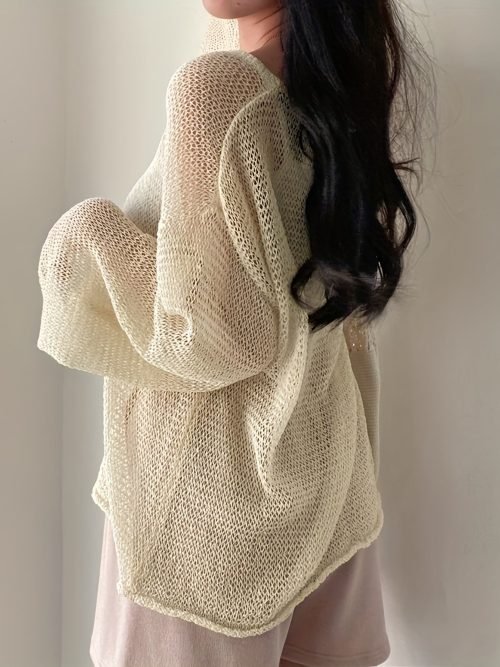 Solid Knitted Pullover Top, Casual Crew Neck Long Sleeve Crochet Coverup Top, Women's Clothing