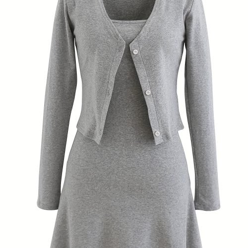 Elegant Solid Two-piece Set, Single Button Outwear & Slim Simple Dress Outfits, Women's Clothing