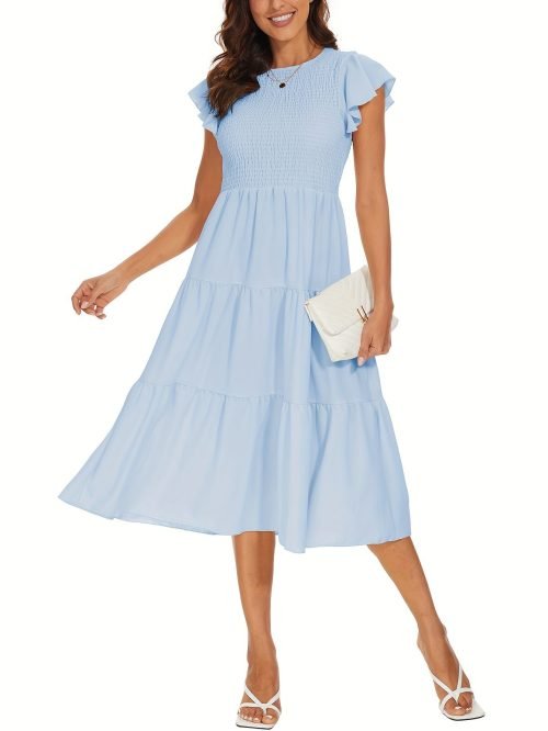 Solid Color Shirred Midi Dress, Elegant Flutter Sleeve Ruffle Hem Dress For Spring & Summer, Women's Clothing