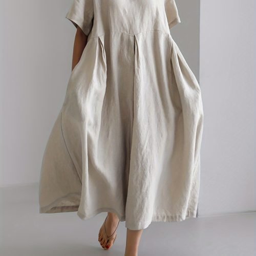 Solid Color Crew Neck Loose Dress, Elegant Short Sleeve Simple Dress For Spring & Summer, Women's Clothing