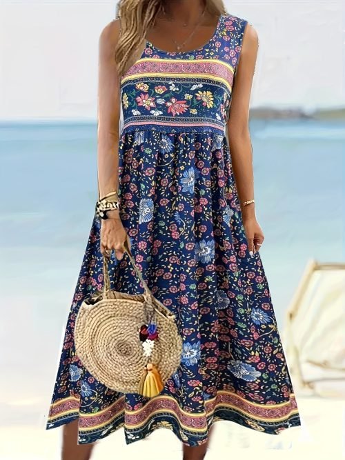 Floral Print Crew Neck A-line Dress, Casual Sleeveless Tank Dress For Spring & Summer, Women's Clothing