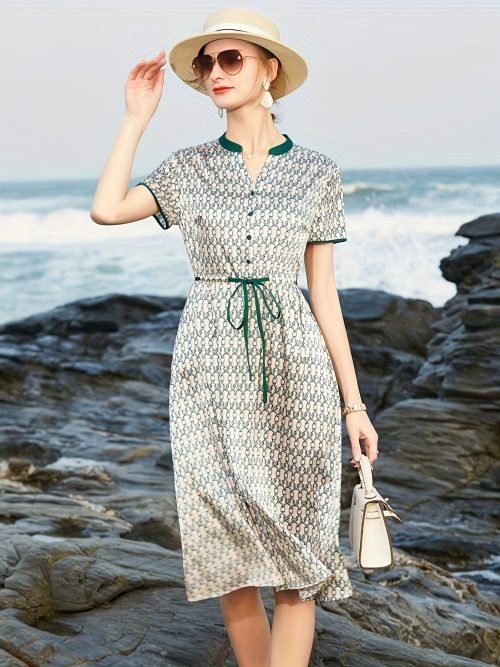 Allover Print Drawstring Waist Dress, Elegant Short Sleeve Contrast Trim Button Front Dress For Spring & Summer, Women's Clothing