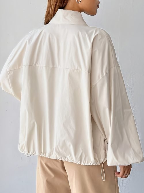 Solid Color Zip Up Drawstring Jacket, Casual Long Sleeve Jacket For Spring & Fall, Women's Clothing