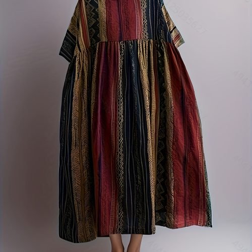 e85384fa-43f7-45c4-a678-3038f028f307-1 Plus Size Colorblock Stripe Print Loose Dress, Casual Short Sleeve Ruched Dress For Spring & Summer, Women's Plus Size Clothing