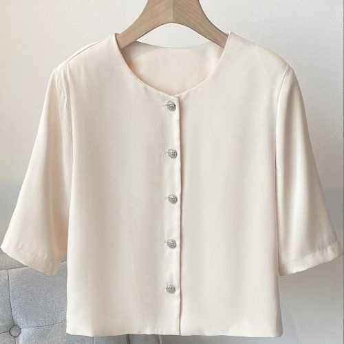 Solid Color Button Front Jacket, Elegant Half Sleeve Jacket For Summer & Spring, Women's Clothing