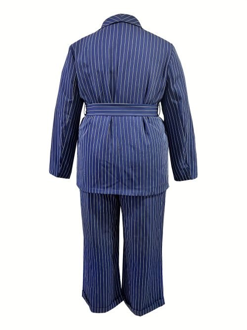 Plus Size Elegant Suit Set, Women's Plus Plaid Print Long Sleeve Waterfall Collar Belted Blazer & Wide Leg Pants Outfits Two Piece Set