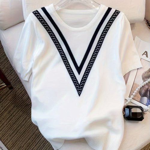 Color Block Crew Neck Knitted Sweater, Casual Short Sleeve Top For Spring & Summer, Women's Clothing