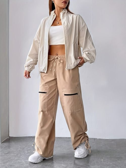 Solid Color Zip Up Drawstring Jacket, Casual Long Sleeve Jacket For Spring & Fall, Women's Clothing