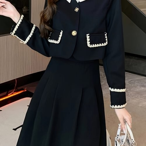 Elegant Button Front Contrast Trim Skirt Set, Long Sleeve Jacket & Pleated Midi Skirt Outfits, Women's Clothing