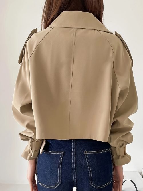 Solid Color Open Front Jacket, Casual Lapel Neck Fake Buttons Long Sleeve Jacket For Spring & Fall, Women's Clothing